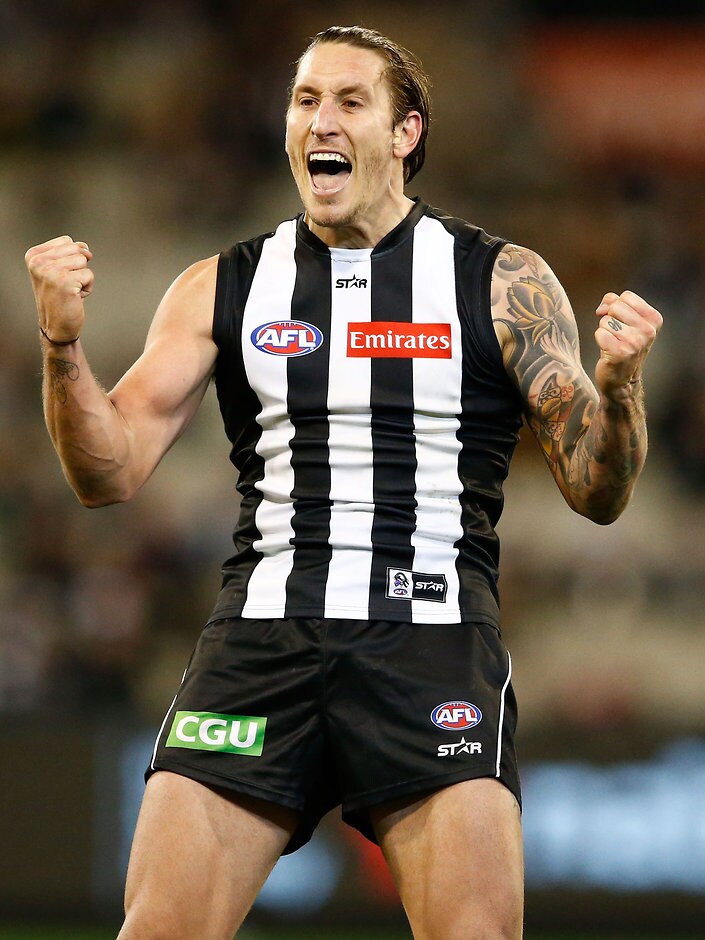 AFL 2016 Rd 19 - Collingwood v West Coast MELBOURNE, AUSTRALIA - JULY 30: Jesse White of the Magpies celebrates a goal during the 2016 AFL Round 19 match between the Collingwood Magpies and the West Coast Eagles at the Melbourne Cricket Ground on July 30, 2016 in Melbourne, Australia. (Photo by Adam Trafford/AFL Media)